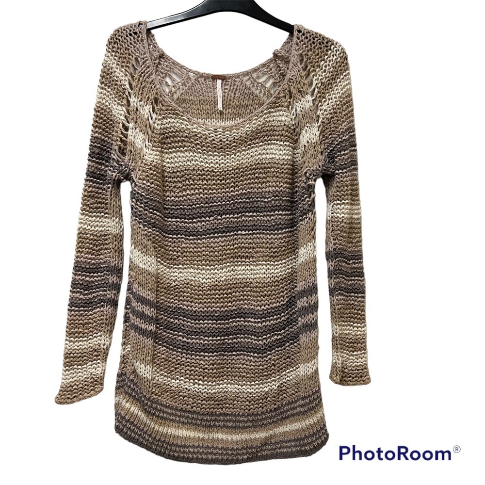 Free People Neutral Striped Open Knit Sweater